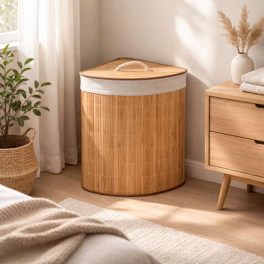 Bamboe wasmand 72 liter in Scandinavische slaapkamer setting