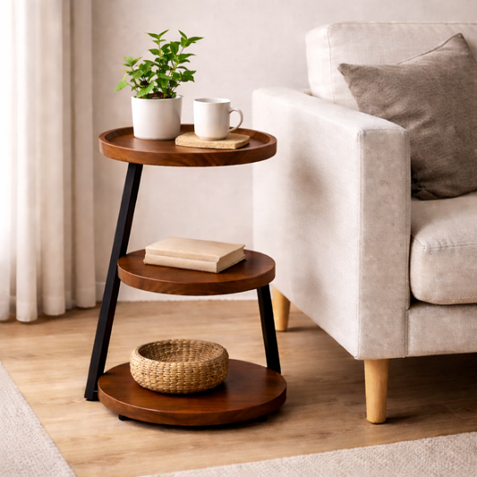 Bruine ronde bijzettafel met zwart metalen frame naast lichte bank in moderne woonkamer
