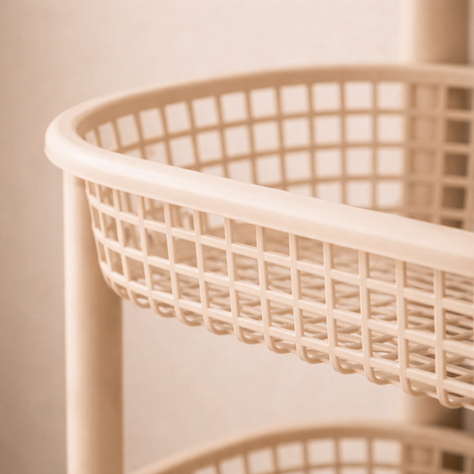 Detail van beige kunststof opbergmand keukentrolley