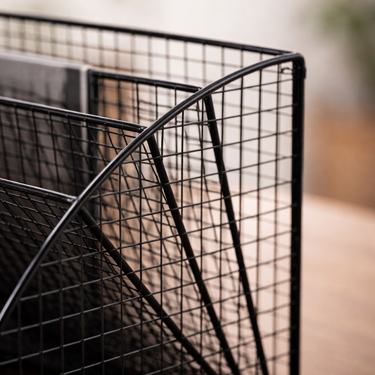 Detail van zwart metalen rasterstructuur van bureauorganiser | De Plusser