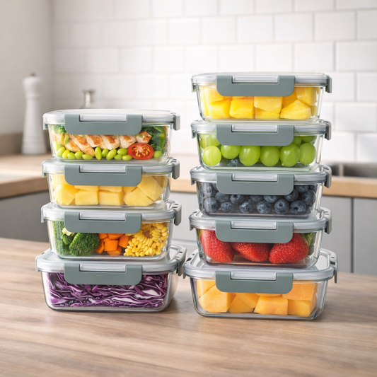 Glazen vershoudbakjes gevuld met groenten en fruit in moderne keuken