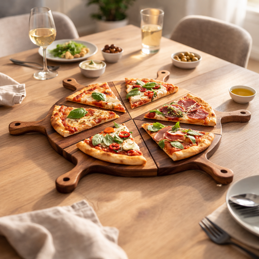 Houten pizzabord met pizza geserveerd tijdens borrelmoment