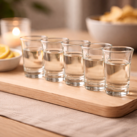 Houten serveerplank van tequila shot set