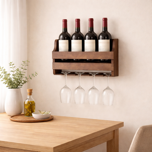 Houten wijnrek aan de muur met vier wijnflessen en wijnglazen