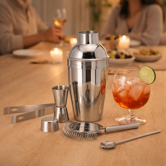 RVS cocktailset in gebruik tijdens gezellige borrel