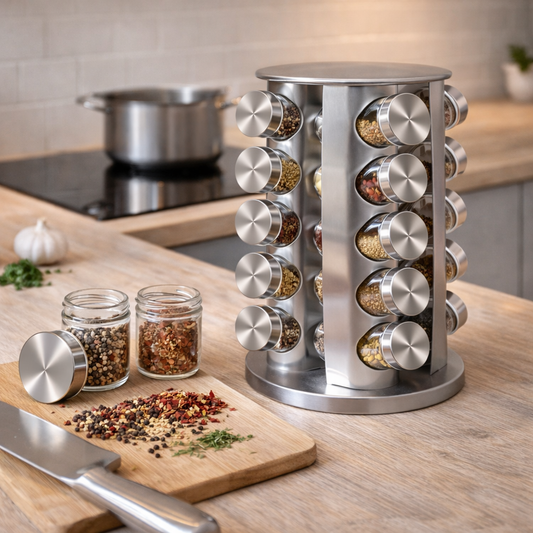 RVS kruiden carrousel met 20 potjes op modern keukenaanrech