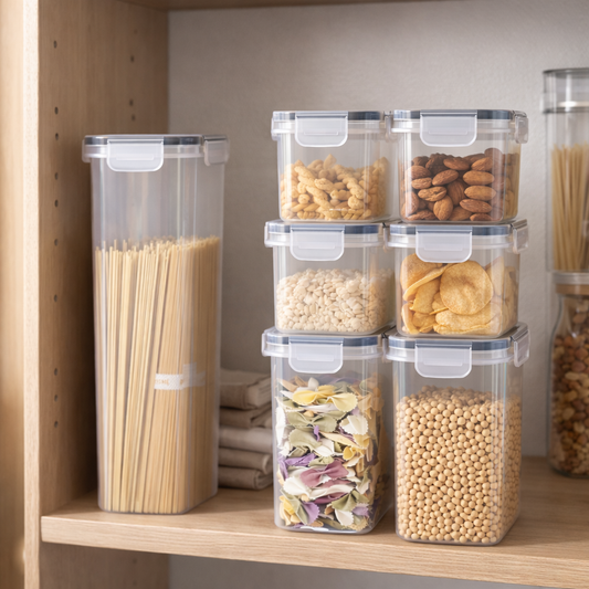 Stapelbare bewaardozen gevuld met pasta, rijst en snacks in moderne minimalistische keuken met lichte houten accenten.