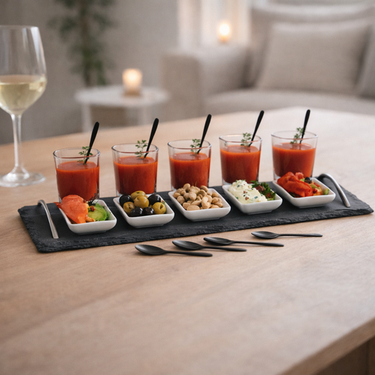 Tapas set met leisteen serveerblad tijdens borrelmoment op houten eettafel
