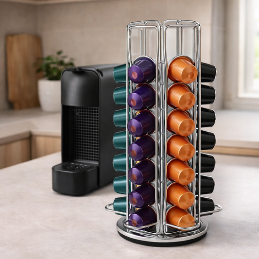 Zilveren draaibare capsulehouder met Nespresso cups naast koffiemachine