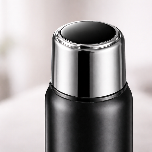 Zwarte dubbelwandige thermosfles met temperatuurdisplay op modern bureau