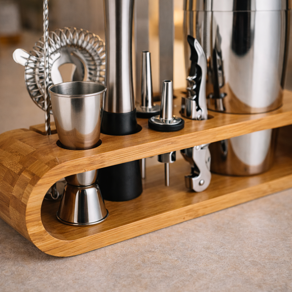 Bamboe standaard van Ceruzo cocktailset met accessoires