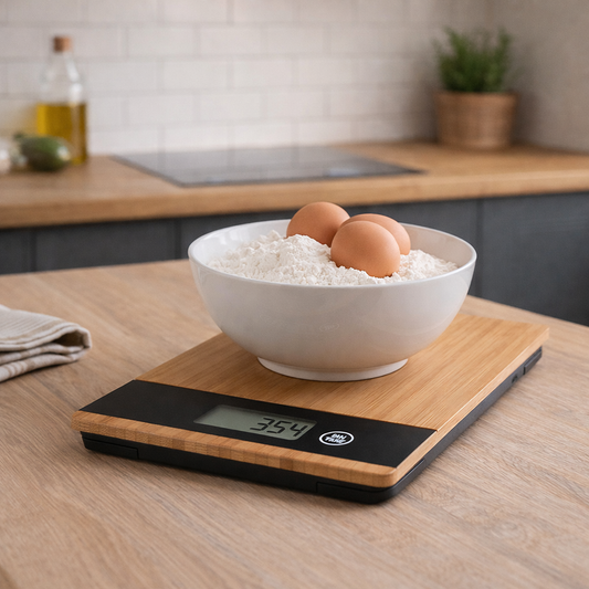 Bamboe digitale keukenweegschaal in moderne minimalistische keuken tijdens bakken