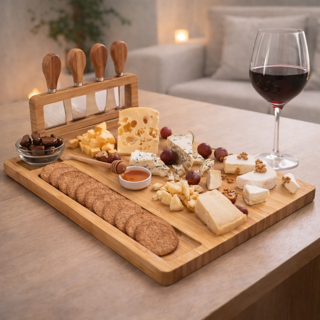 Bamboe kaasplank met kazen en wijn tijdens borrelmoment