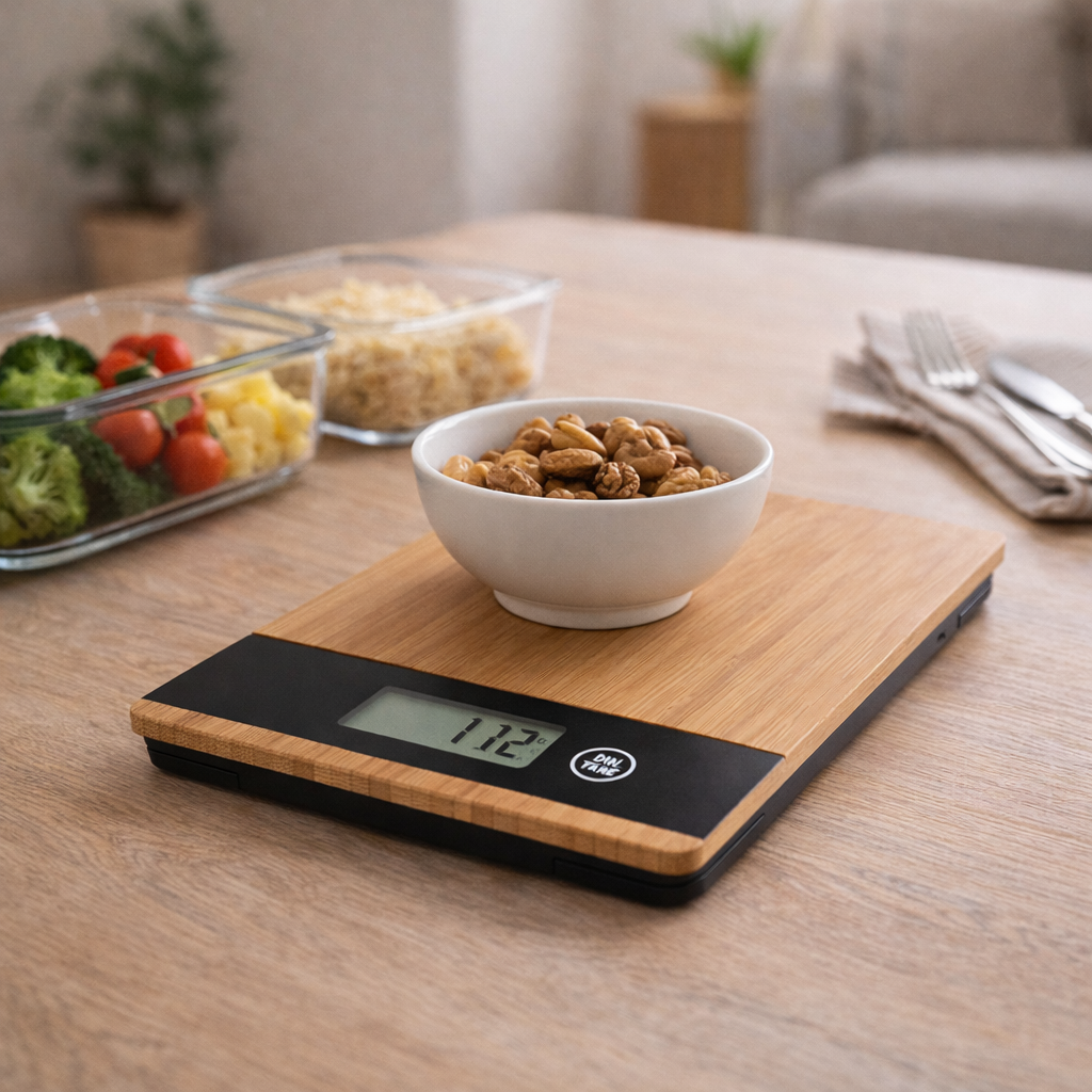 Bamboe keukenweegschaal gebruikt voor meal prep en gezonde voeding