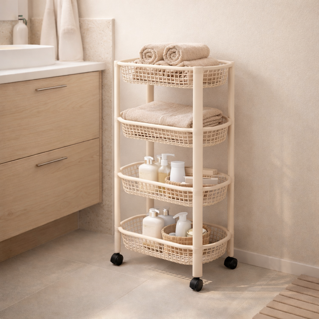 Beige keukentrolley als opbergoplossing in badkamer