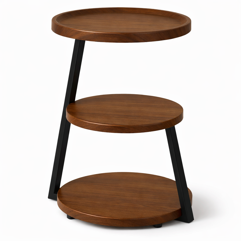 Bruine 3-laags bijzettafel met zwart metalen frame 60 cm – moderne ronde bijzettafel met MDF plateaus