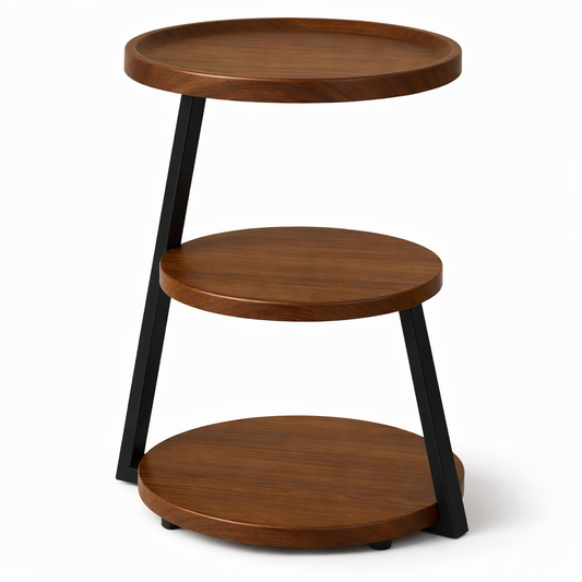 Bruine 3-laags bijzettafel met zwart metalen frame 60 cm – moderne ronde bijzettafel met MDF plateaus