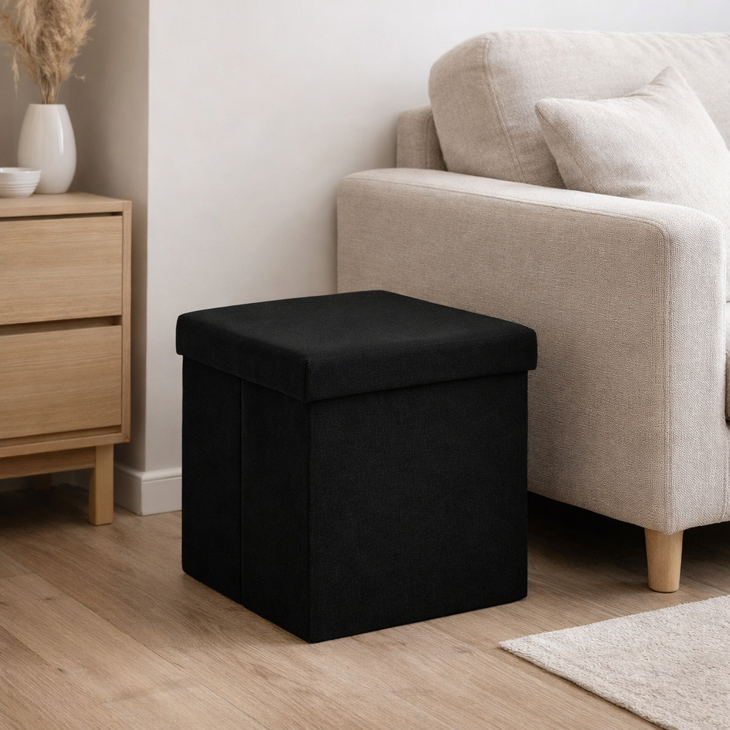 Zwarte Opvouwbare Poef met Opbergruimte 38x38x38 cm