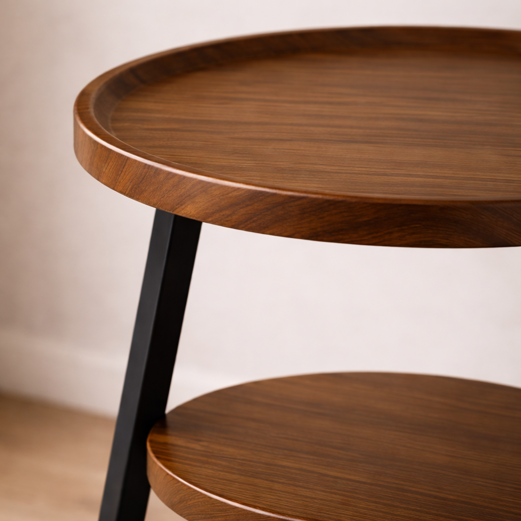 Close-up van bruin MDF plateau met houtstructuur en zwart metalen frame van bijzettafel