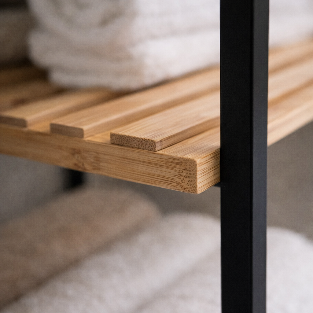 Close-up van FSC bamboe legplank met houtnerf en zwart metalen frame van badkamerrek