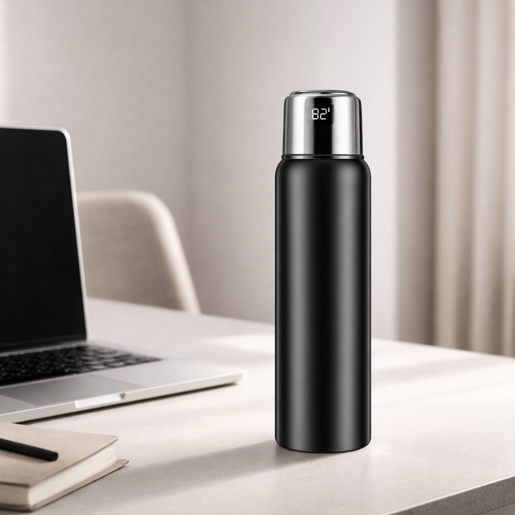 Close-up van RVS thermosfles met digitaal temperatuurdisplay op dop