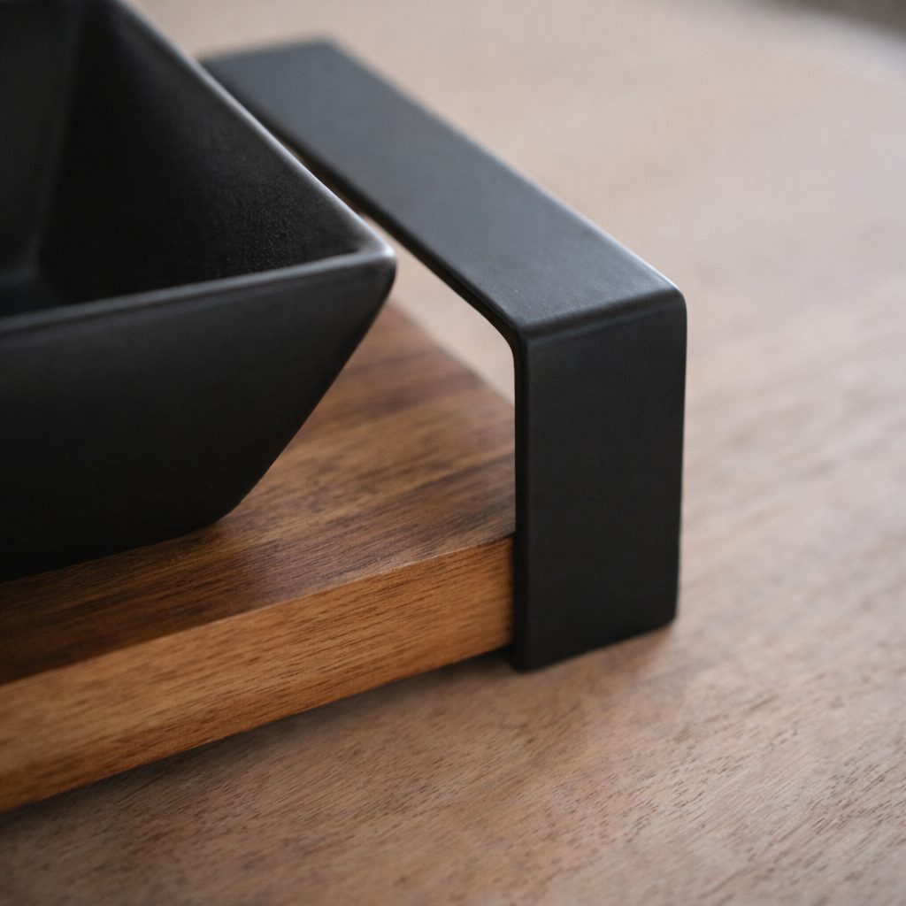 Close-up van acacia hout en metalen handgreep van serveerplank