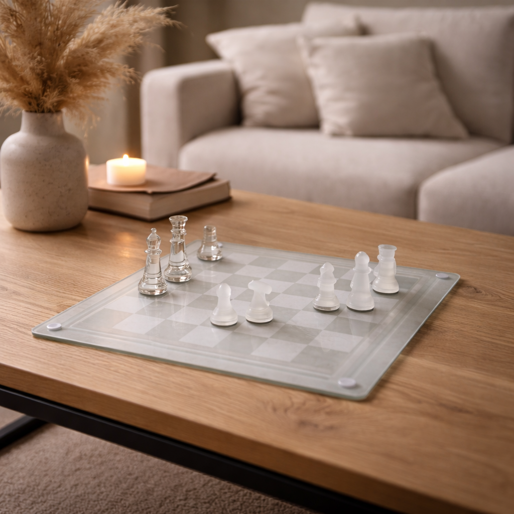 Close-up van glazen schaakstukken op mat en helder glazen schaakbord