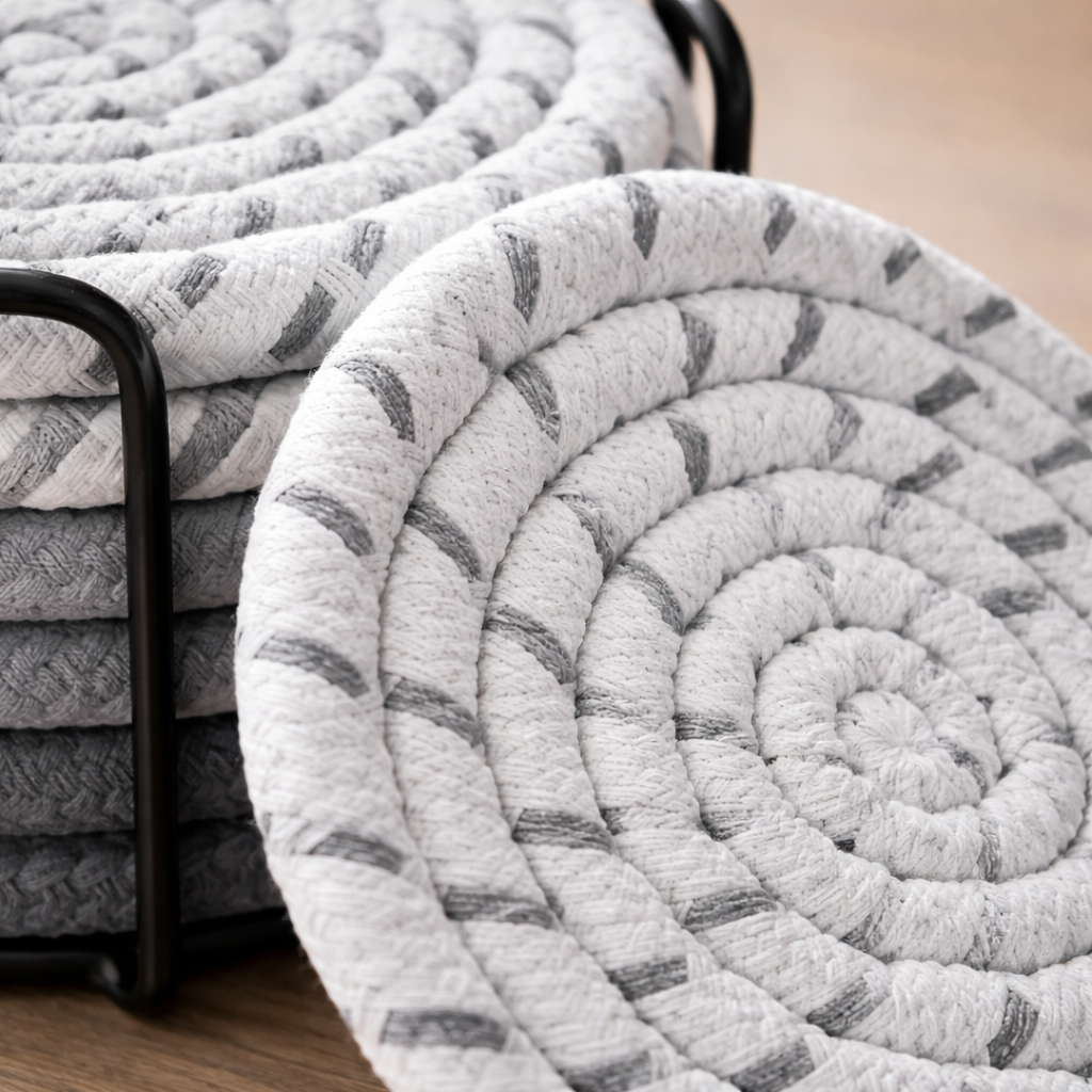 Close-up van grijze katoenen onderzetter met gevlochten structuur