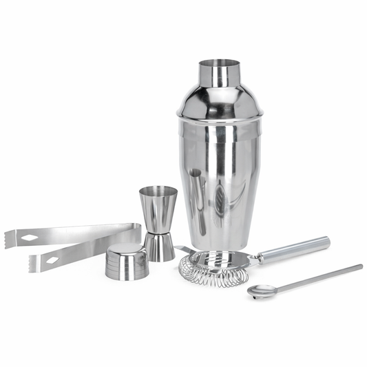 RVS cocktailset 5-delig met shaker, maatbeker en ijstang – De Plusser