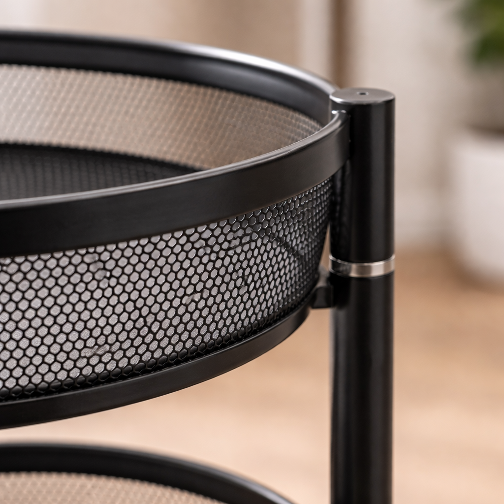 Detail van zwart stalen frame en geperforeerde mand van keukentrolley