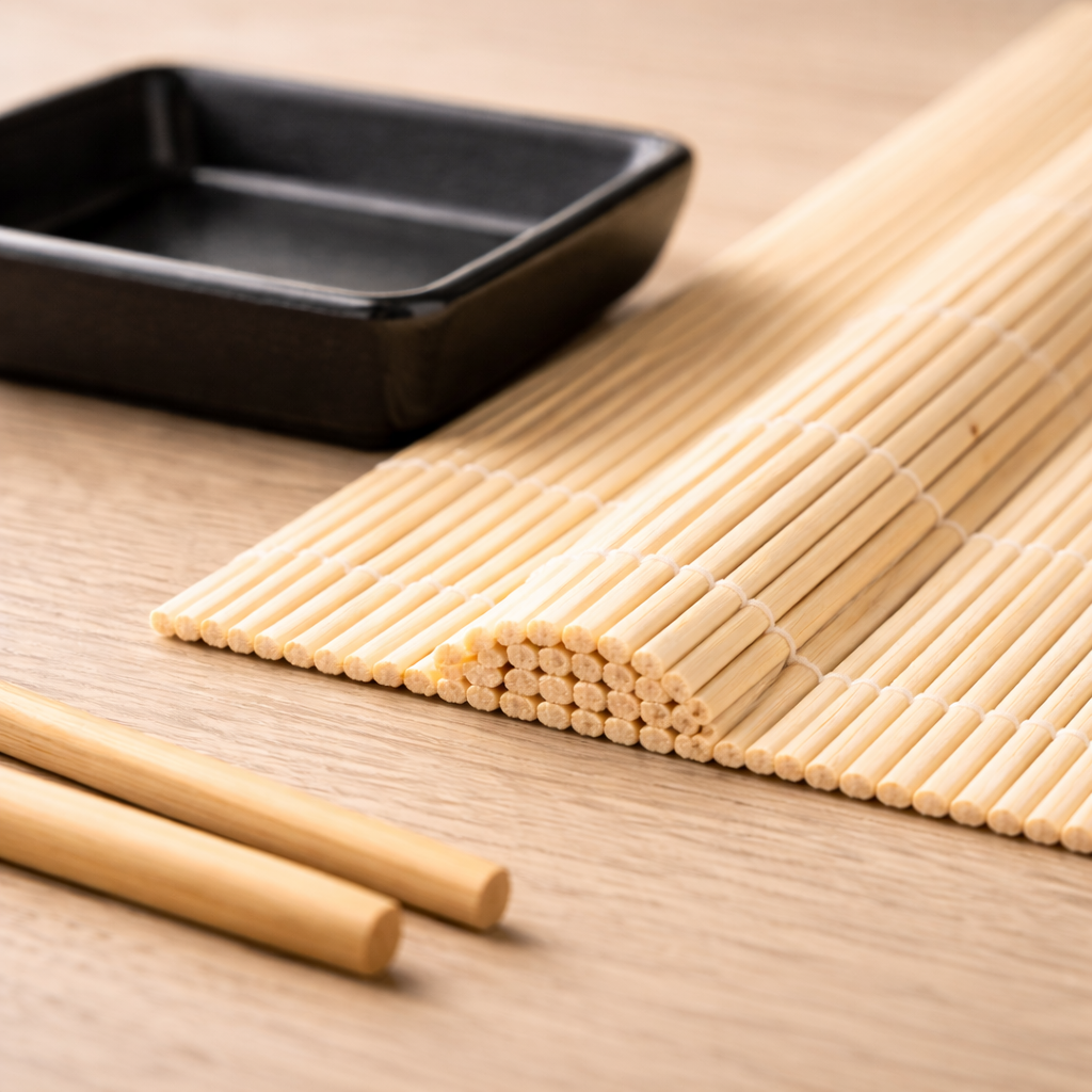 Detail van bamboe sushi mat en zwart keramieken schaaltje