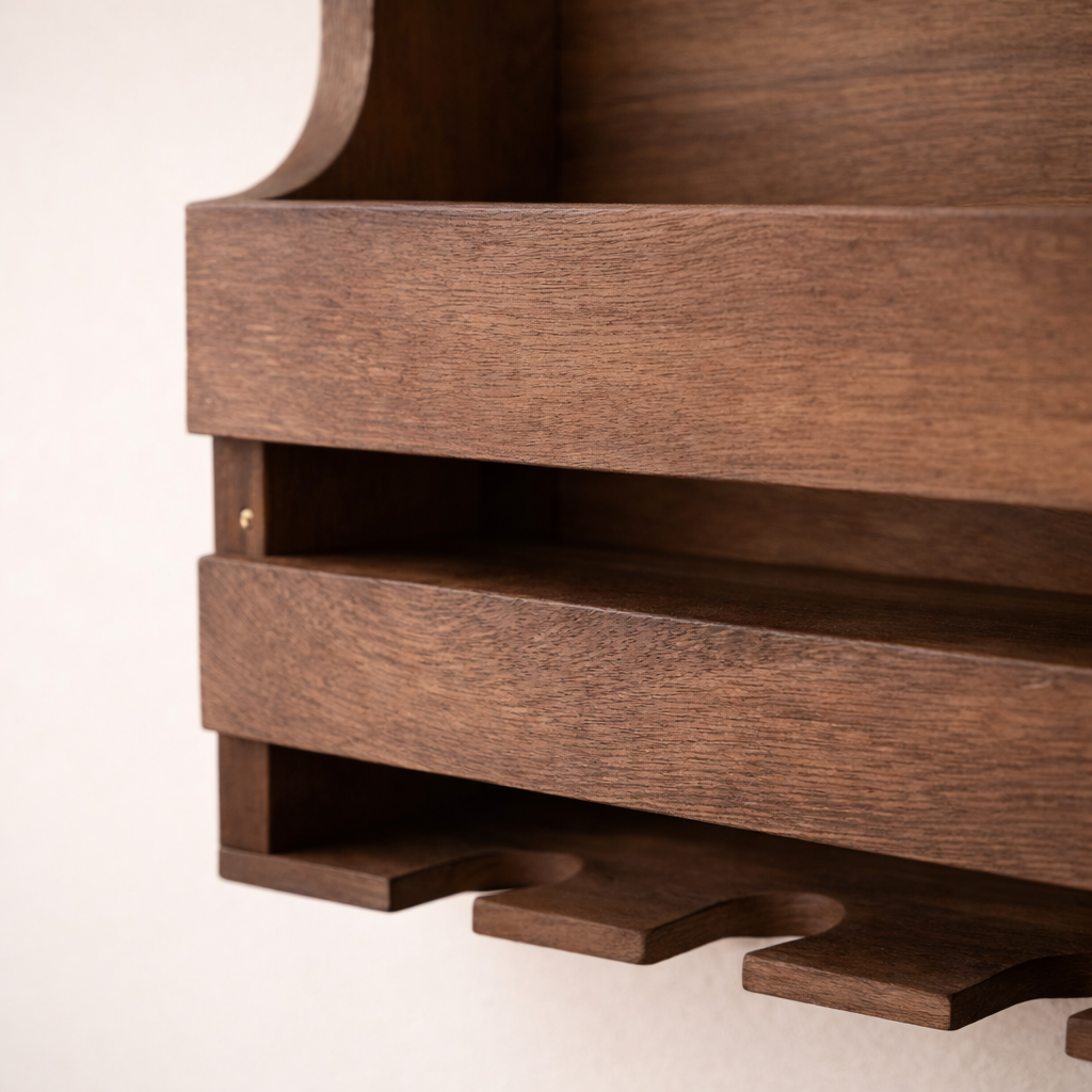 Detail van paulownia hout en glashouder van wijnrek