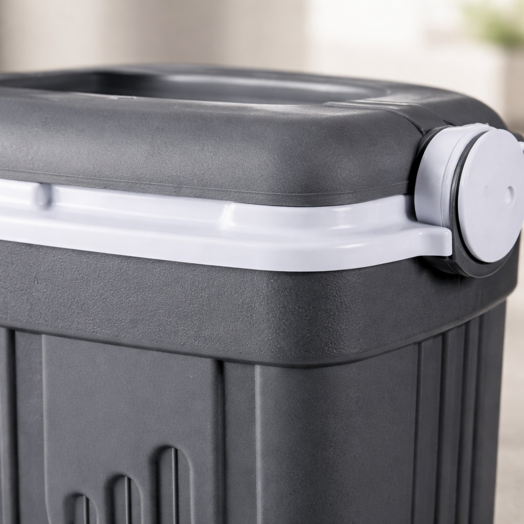 Detail van vergrendelbaar handvat van kunststof koelbox