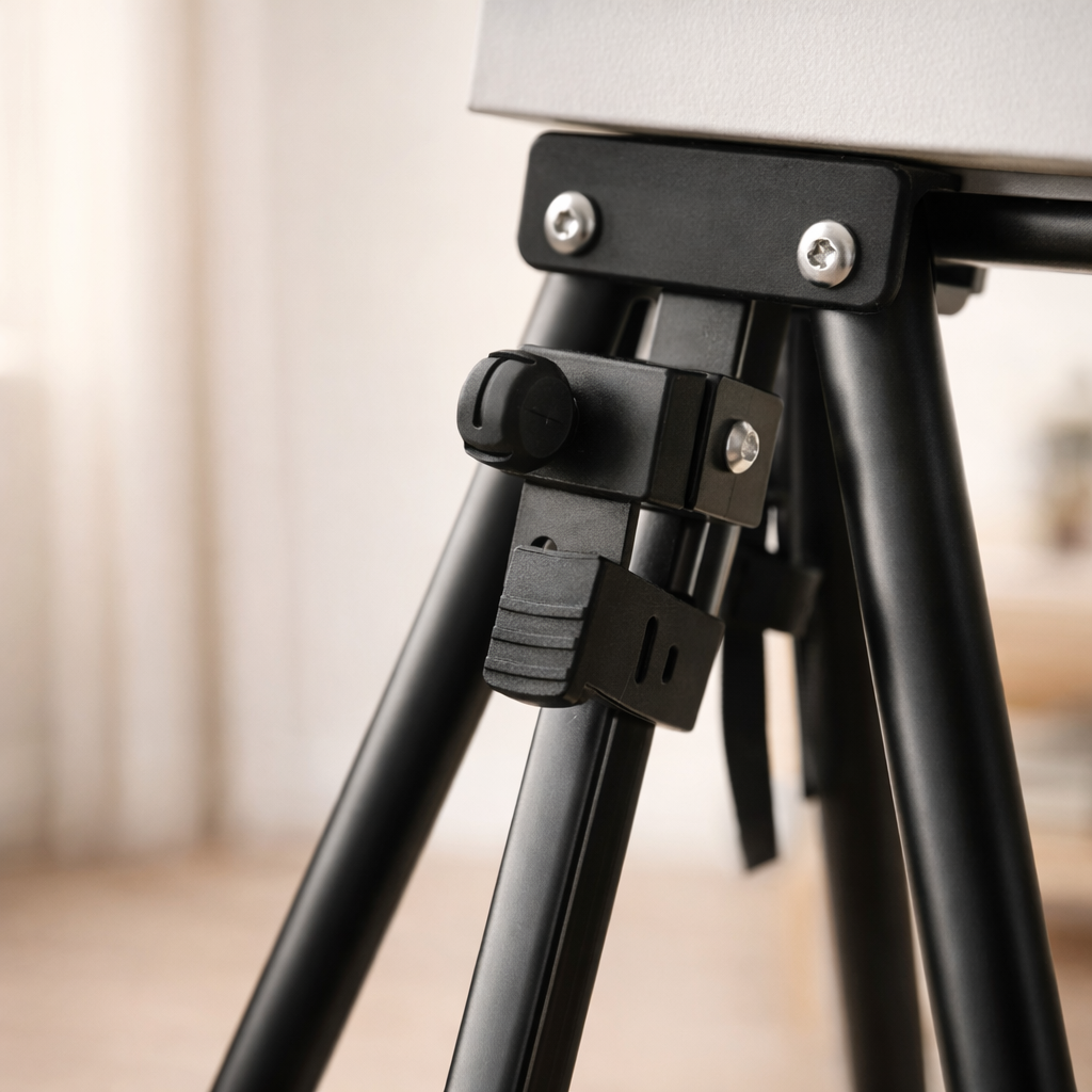 Detail van verstelbare metalen schildersezel