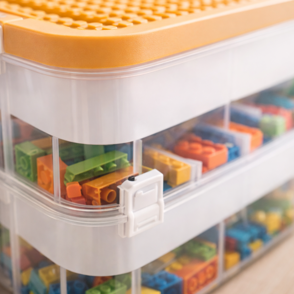 Detail van verstelbare verdelers en stevige kliksluiting van opbergbox