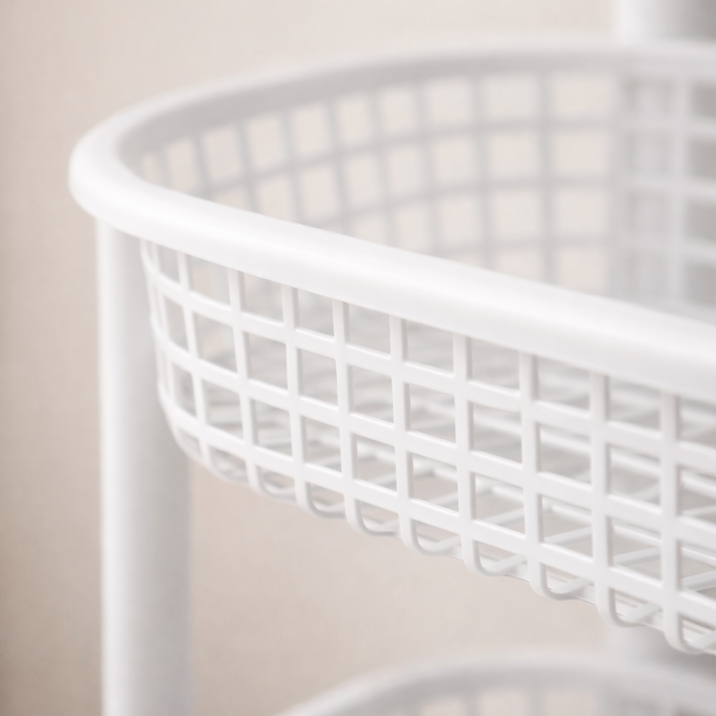 Detail van witte kunststof opbergmand keukentrolley