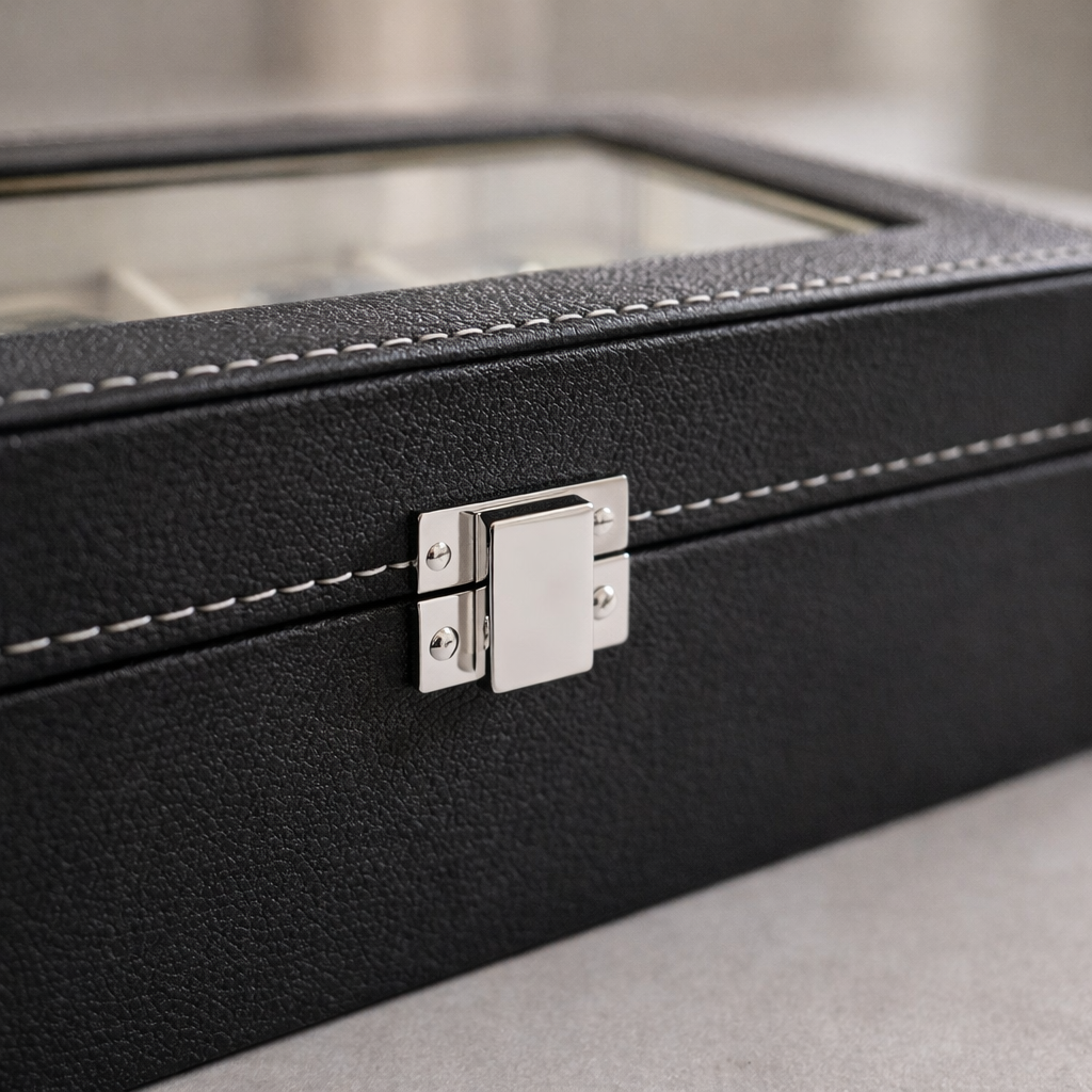 Detail van zwart PU kunstleer horlogebox met metalen clipsluiting