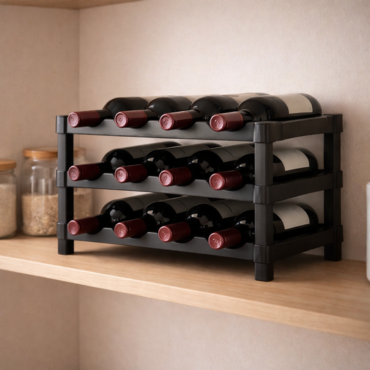 Detail van zwart kunststof wijnrek met flesuitsparingen