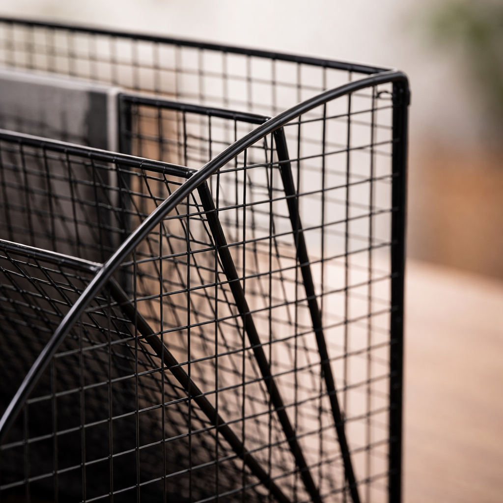 Detail van zwart metalen rasterstructuur van bureauorganiser | De Plusser
