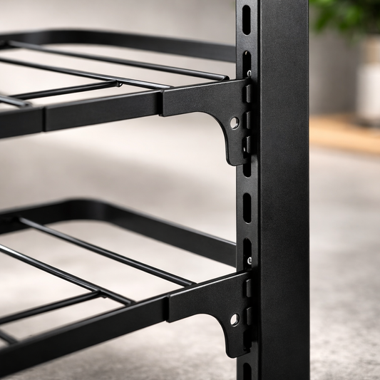 Detail verstelbaar mechanisme van zwart stalen pannenrek