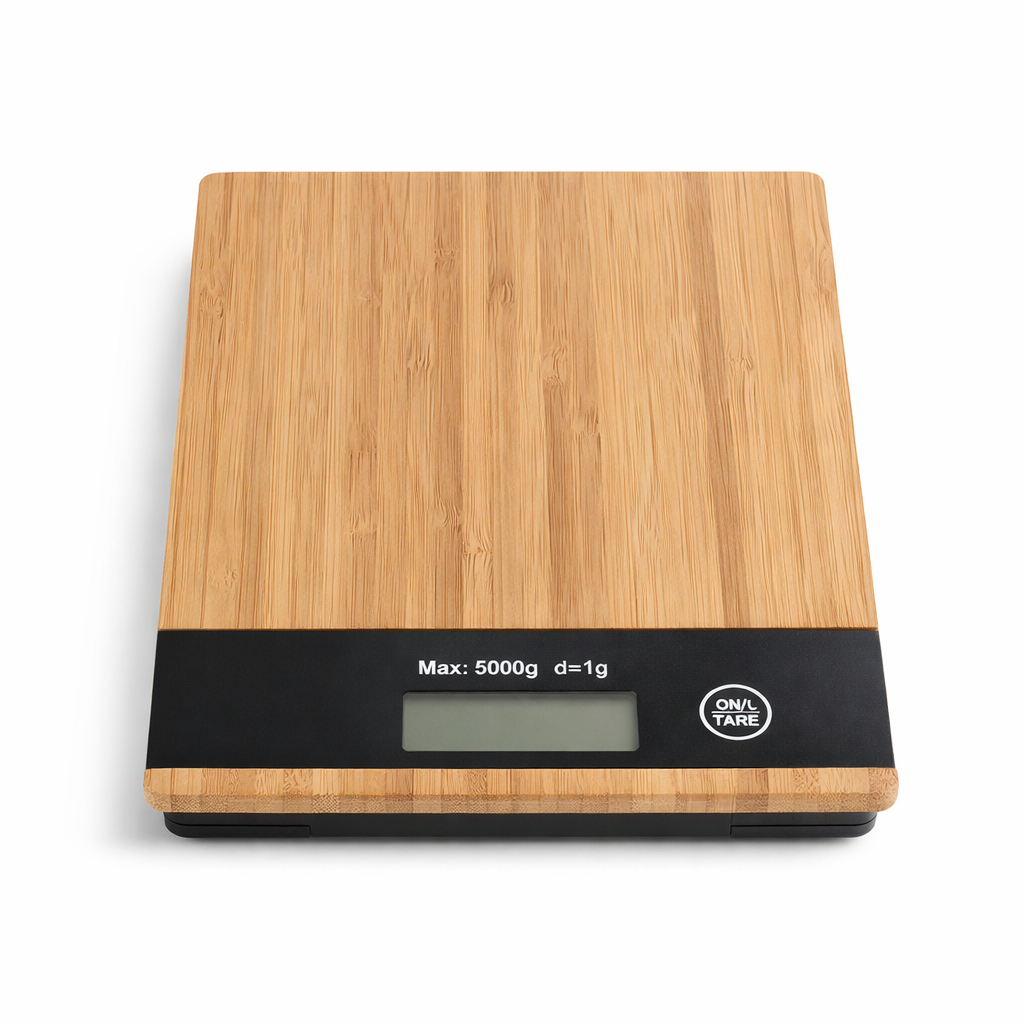 Digitale keukenweegschaal van bamboe met zwart displaypaneel – 5KG capaciteit