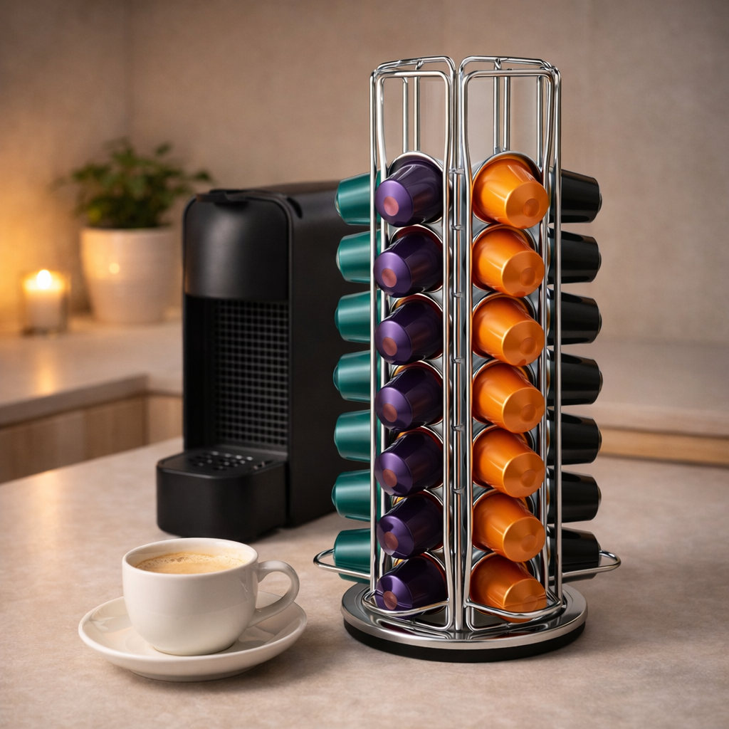 Draaibare capsulehouder met koffiecups in rustige minimalistische koffiehoek