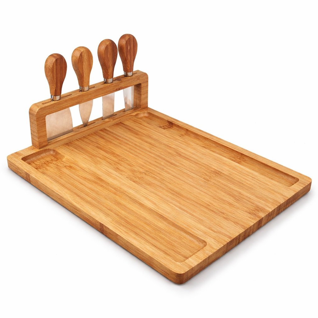 Extra grote bamboe borrelplank met 4 kaasmesjes leeg op witte achtergrond