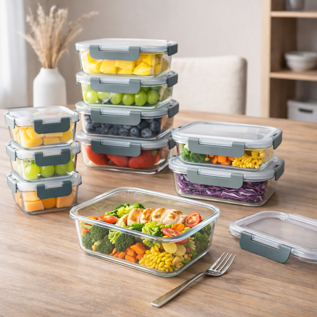 Gestapelde meal prep bakjes in georganiseerde voorraadkast