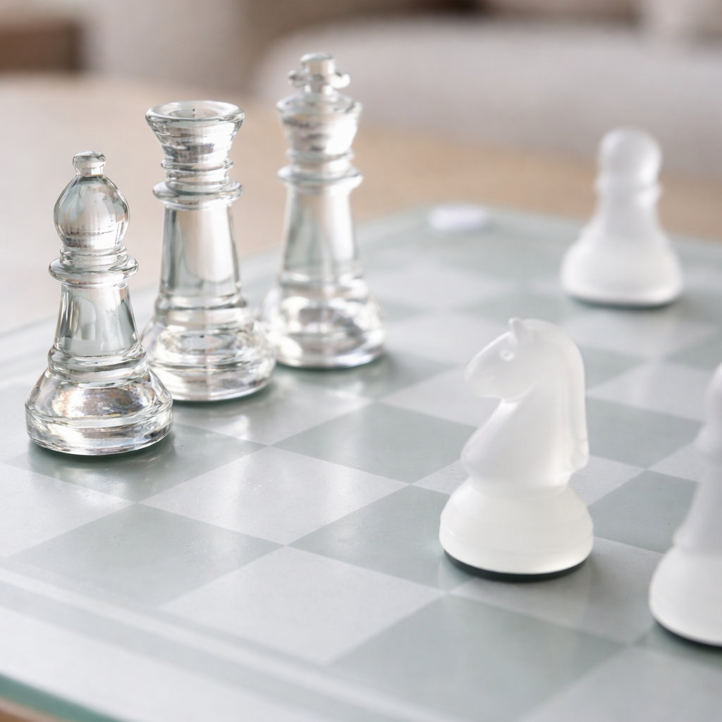 Glazen schaakbord als decoratief spel op moderne salontafel in lichte woonkamer