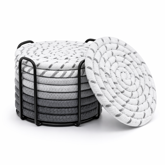 Grijze katoenen onderzetters set van 8 met zwarte metalen houder