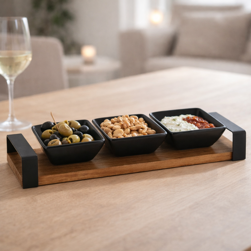Houten tapas serveerplank met 3 schaaltjes tijdens borrelmoment