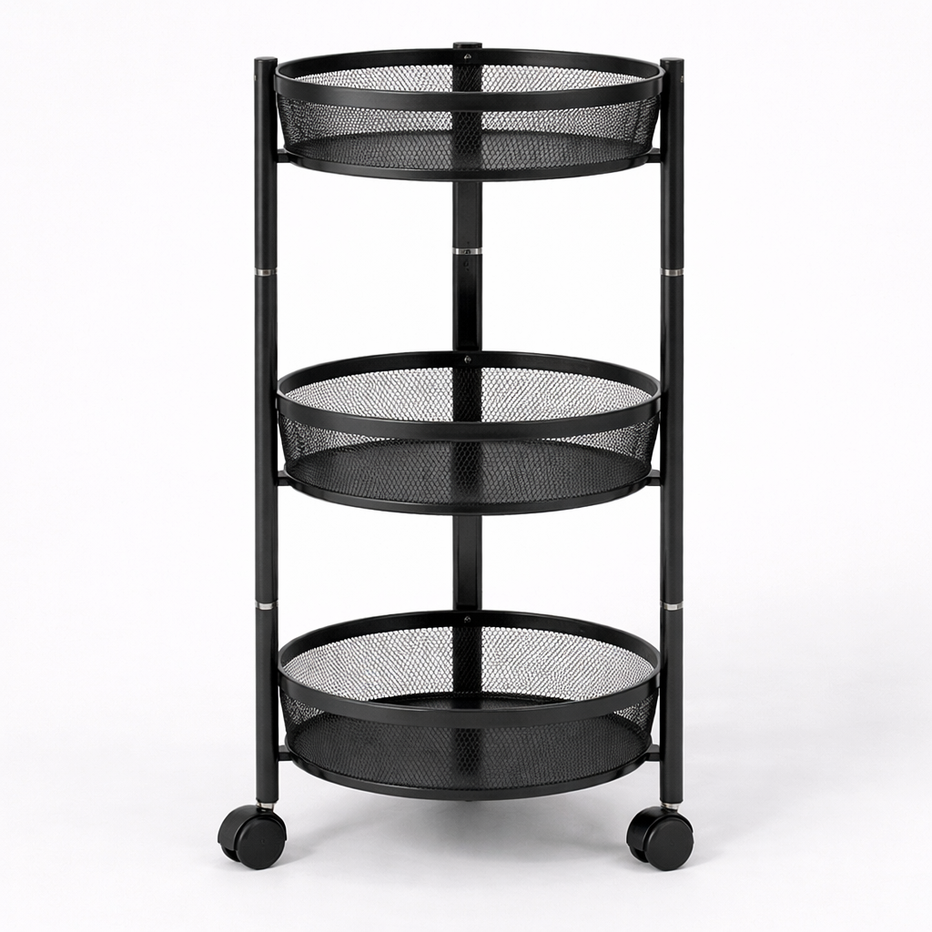 Zwarte 3-laags stalen keukentrolley met ronde manden en zwenkwielen op witte achtergrond