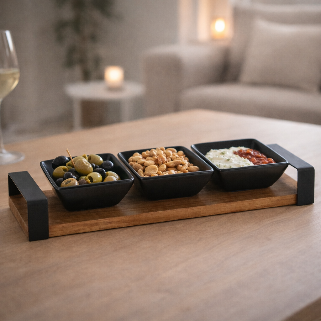 Tapas serveerplank met schaaltjes in warme minimalistische woonkamer