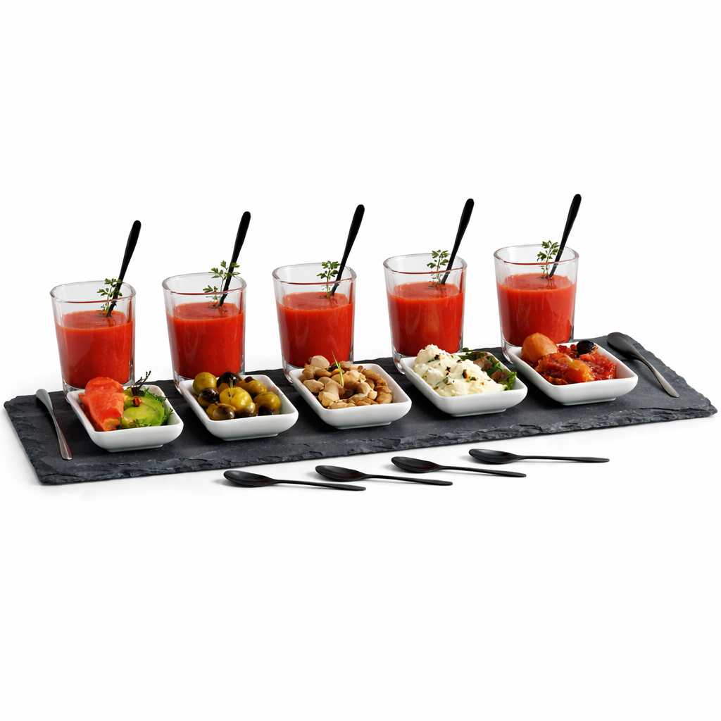 Tapas set 19-delig met leisteen dienblad 45 cm inclusief 6 glaasjes, schaaltjes en lepeltjes